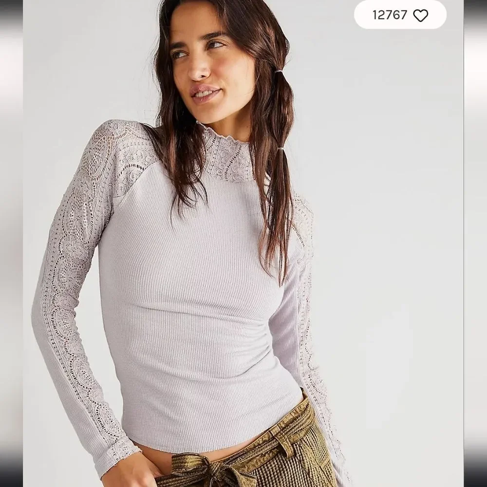 Free People Green High Neck Lace Frankie Cuff Long Sleeve Top Sz XL